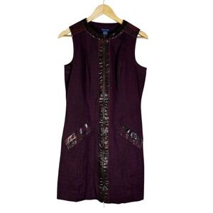Doncaster Collection Purple Snake Print Sleeveless Leather Trim Sheath Dress